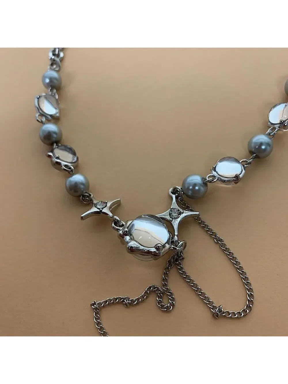 Cyber y2k grunge silver and beaded futuristic glass opal pendant necklace. Cuban